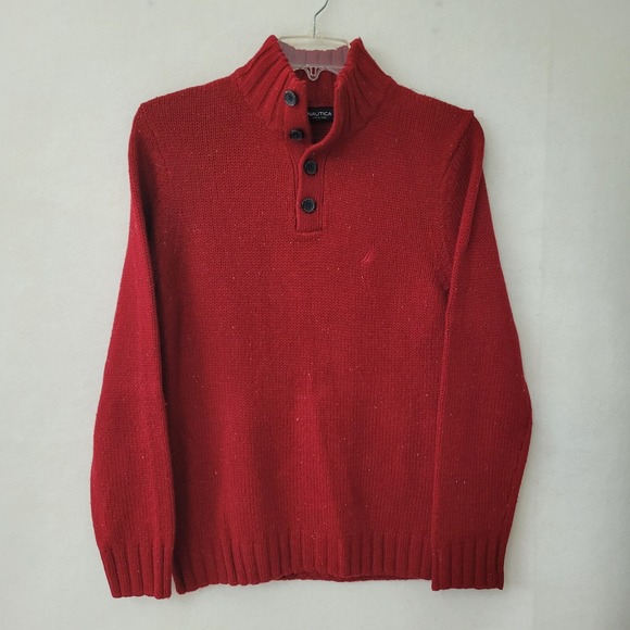 Nautica Sweater Mens M Red Speck Rag Wool Vintage Mockneck Henley Logo Deadstock - Picture 1 of 13